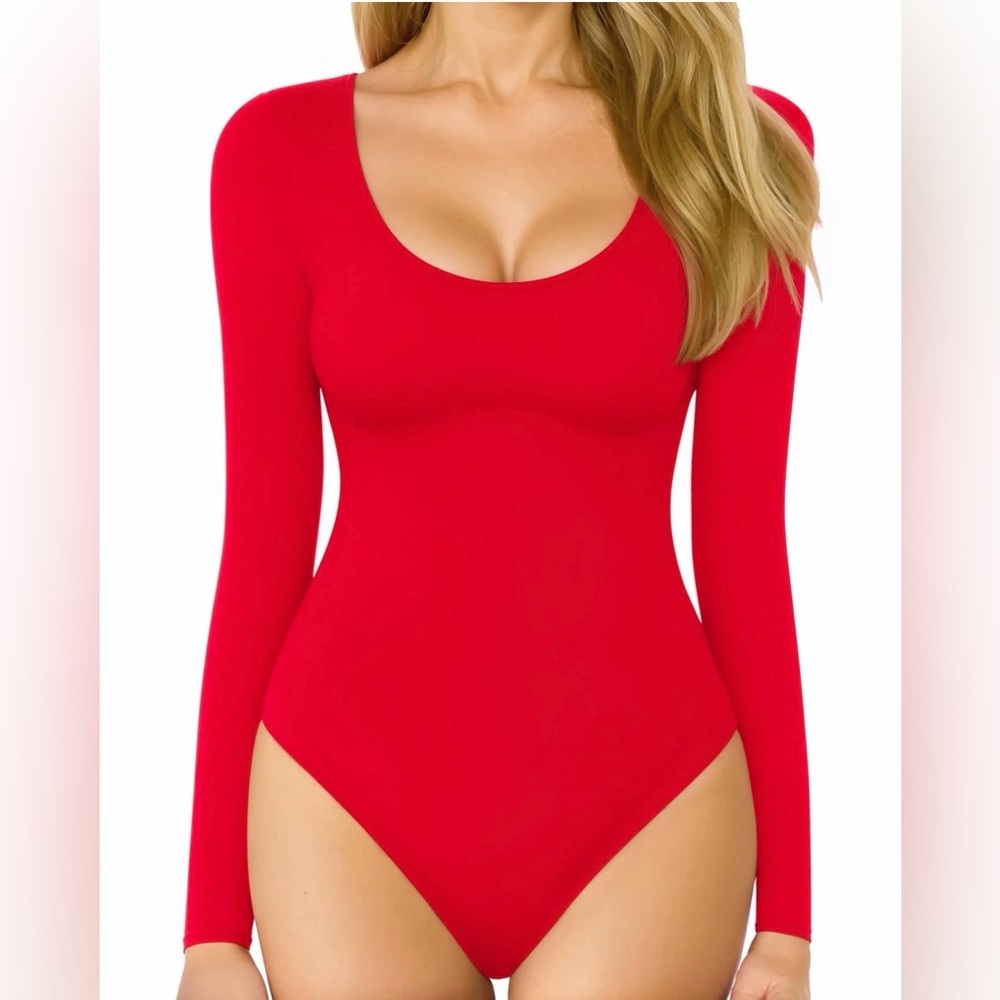 Elegant Red Long Sleeve Bodysuit Plus Size XXL